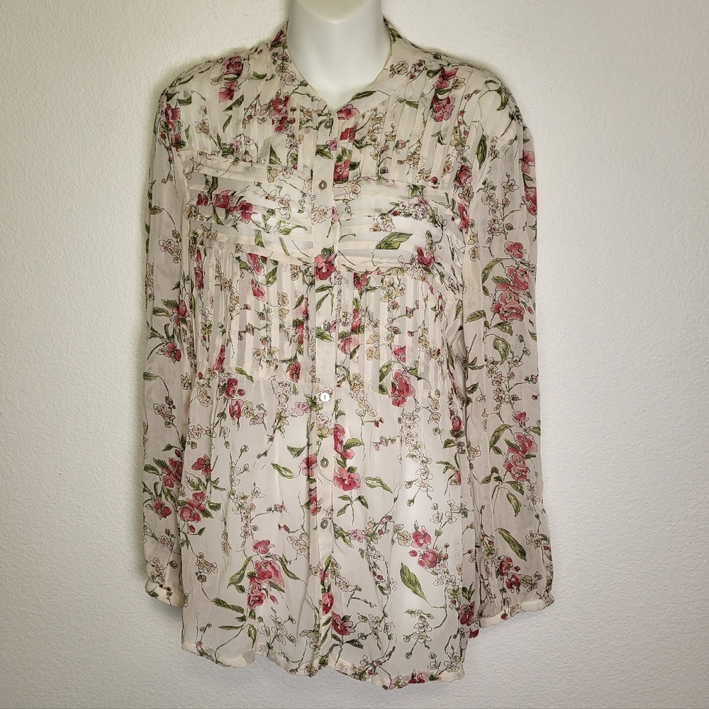 Anthropologie | one fine day pleated sheer floral blouse size Small